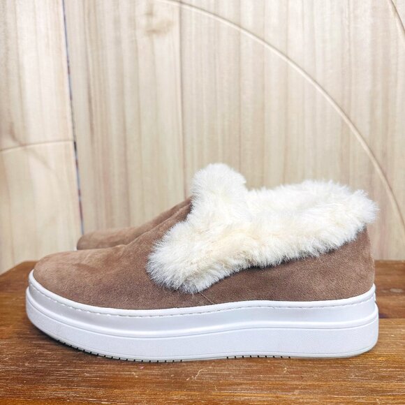 J/SLIDES Neel Taupe Faux Fur Trim Suede Slip On Sneakers 8.5 J Slides Platform - Picture 1 of 6